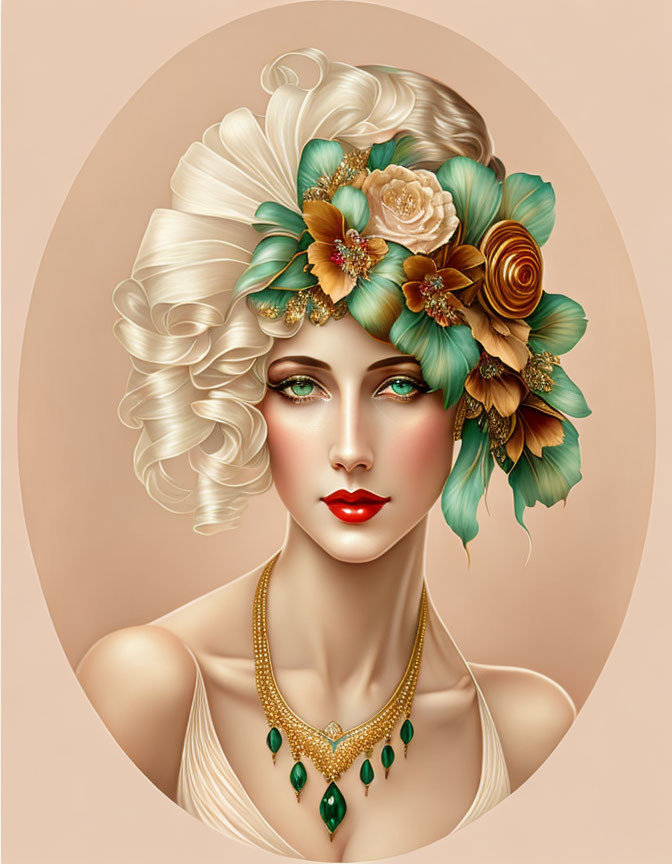 Woman with Voluminous Curly Blonde Hair and Floral Adornments in Green and Gold