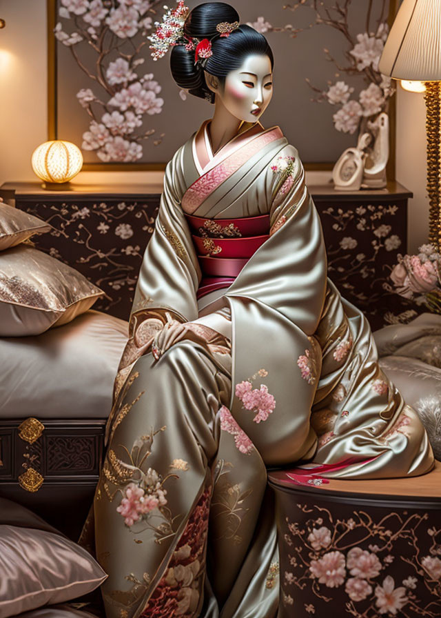 Traditional Geisha in Floral Kimono Sitting Gracefully in Well-Appointed Room