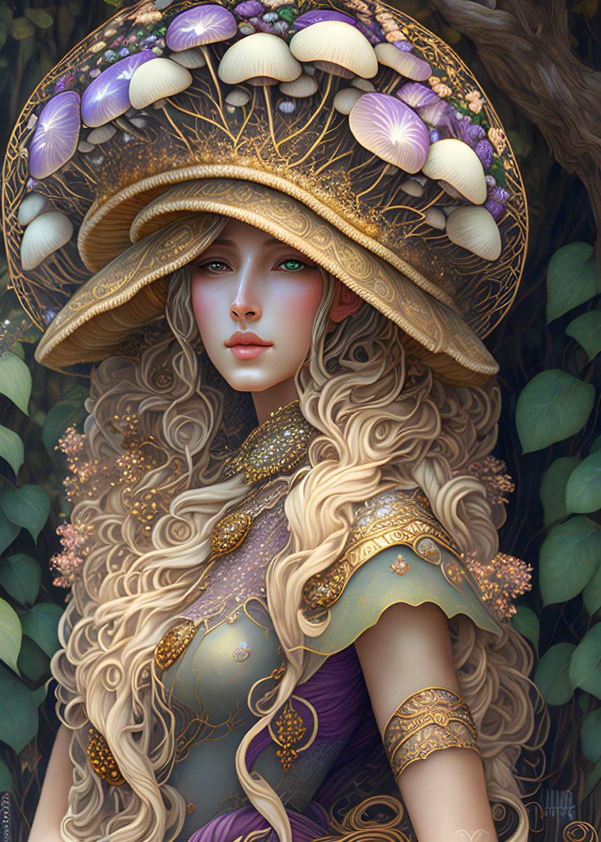 Portrait of woman with golden hair wearing mushroom and foliage hat