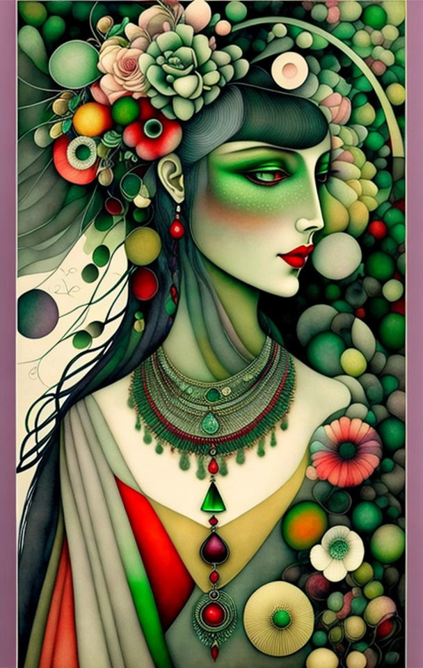 Vibrant green-skinned woman among flowers and bubbles with intricate jewelry.