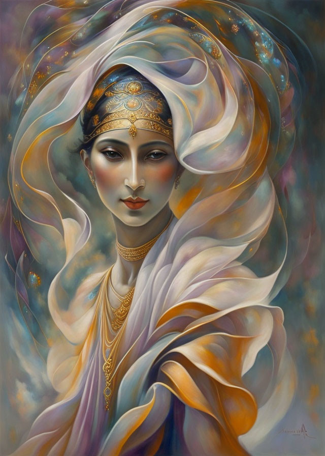 Ethereal portrait of a woman in flowing garments against dreamlike background