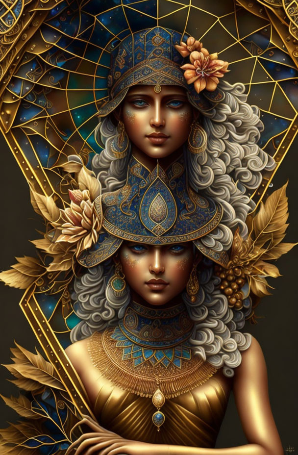 Intricate illustration of woman with blue eyes and golden jewelry