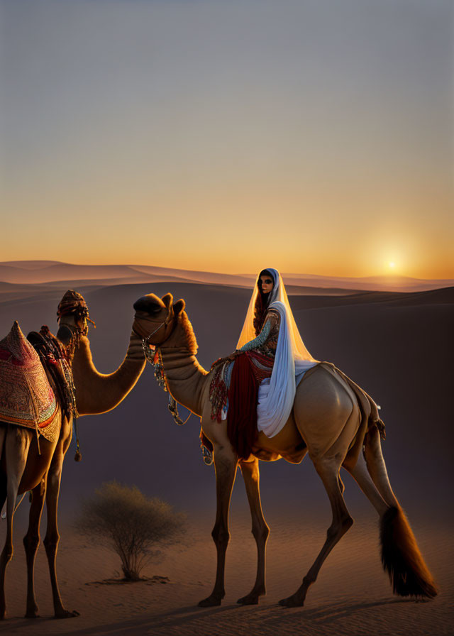 Traditional attired person rides camel in desert at sunset