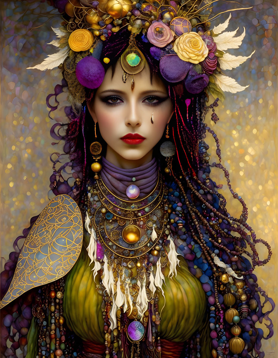 Elaborate headdress and colorful outfit of a mysterious woman