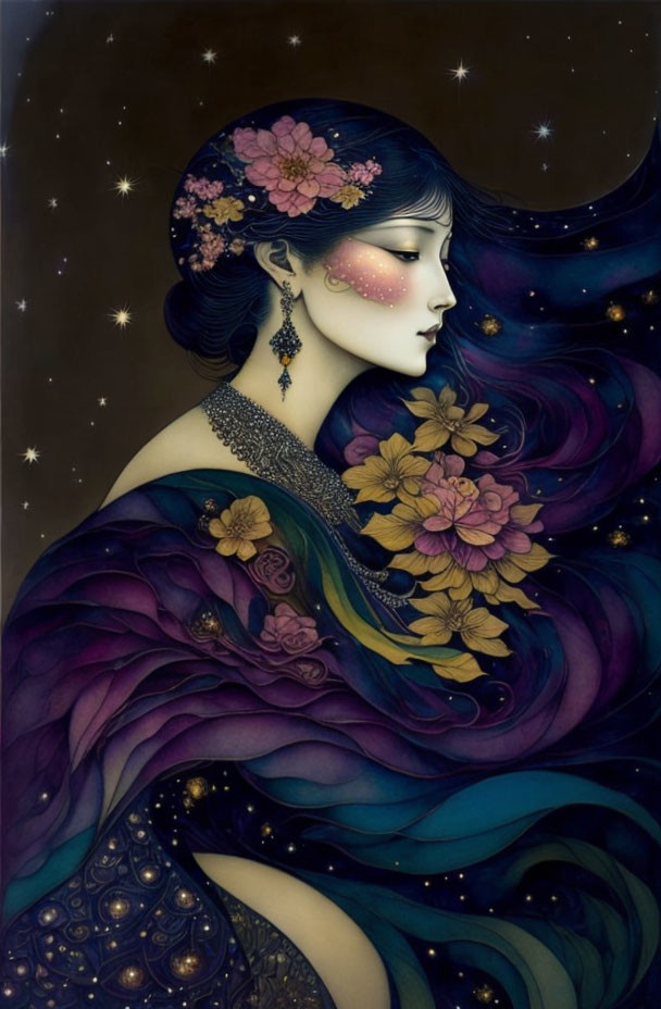 Illustrated woman with flowing hair and floral dress against starry night background