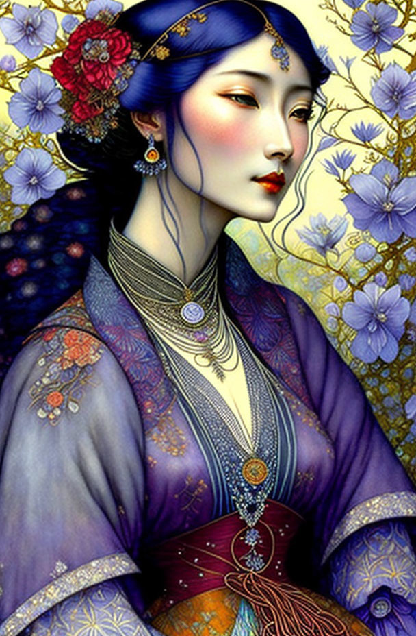 Illustrated portrait: Woman with blue hair and traditional attire in floral backdrop