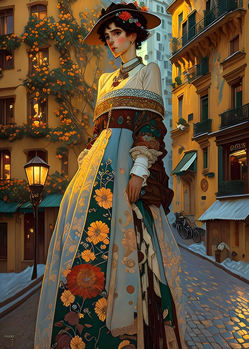 Vintage Attire Woman in Floral Patterns on Quaint Street at Dusk