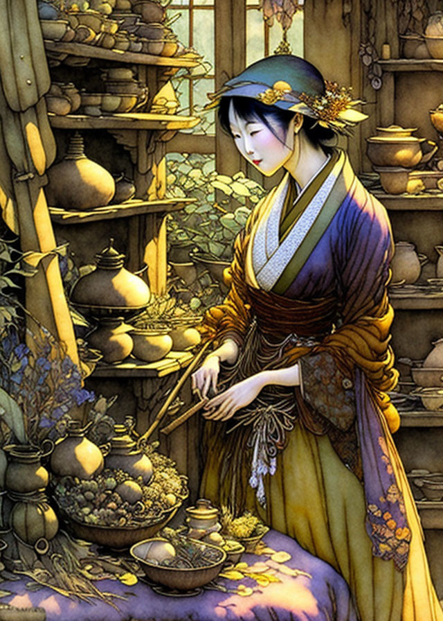 Traditional East Asian Attire Woman Surrounded by Pottery and Produce