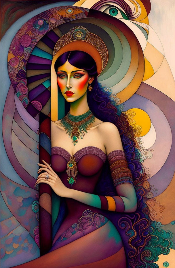 Colorful Stylized Portrait of Woman with Decorative Headpiece