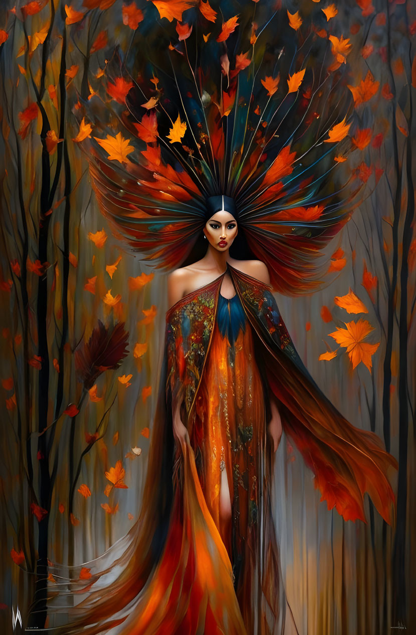 Woman with autumn leaf headdress in fall forest blending with foliage