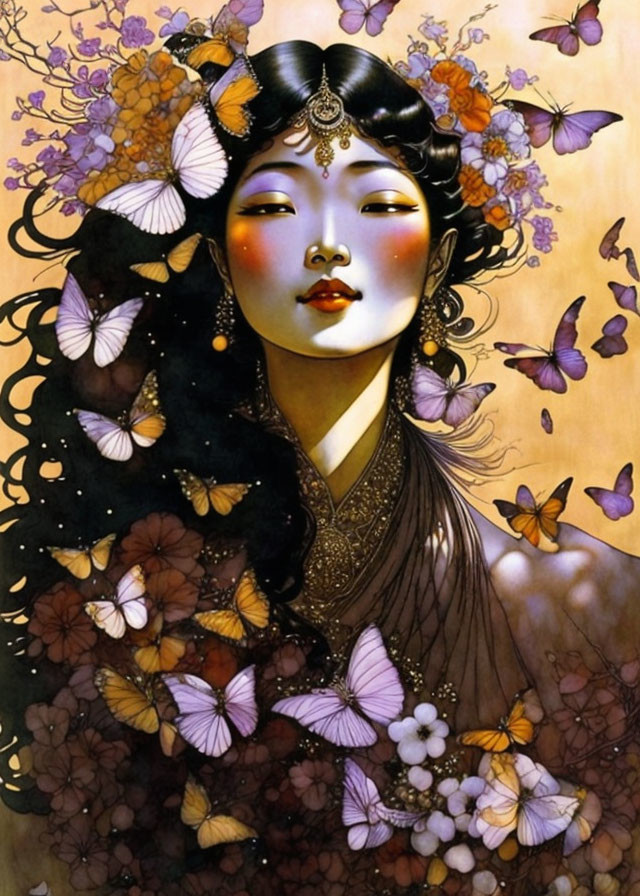 Elegant woman with butterflies in hair on golden background