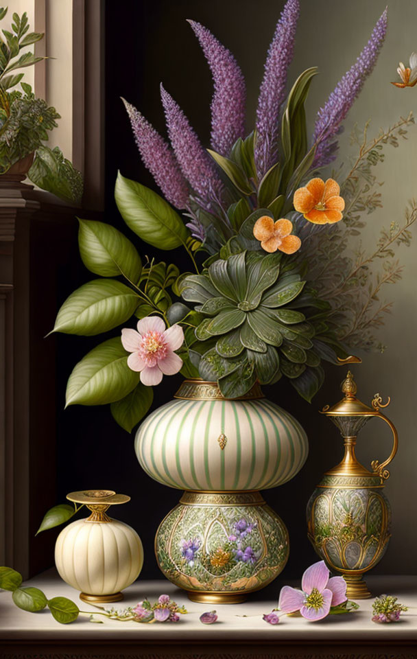 Lush flowers and metallic pitchers in a still life painting