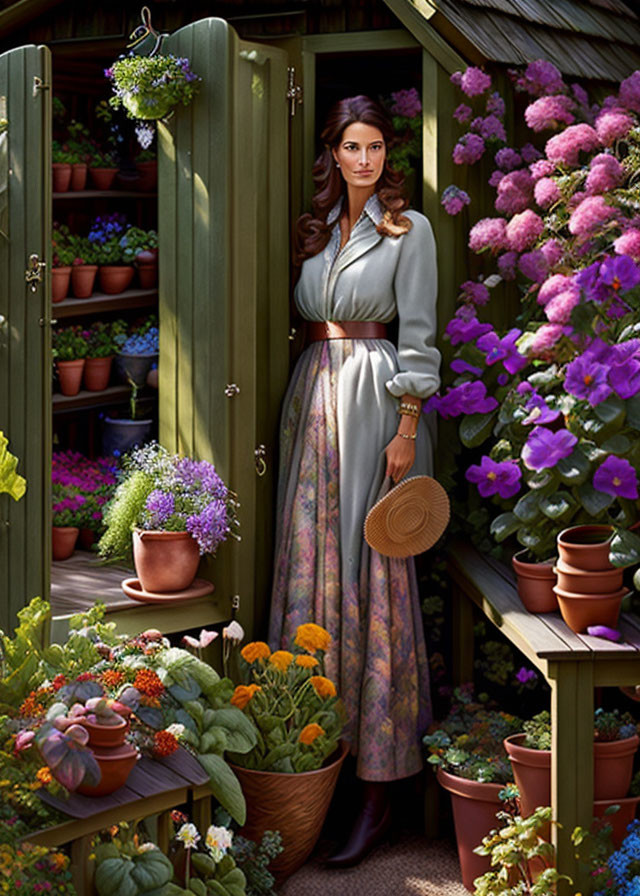 Woman in sunlit garden nook surrounded by lush flowers holding straw hat