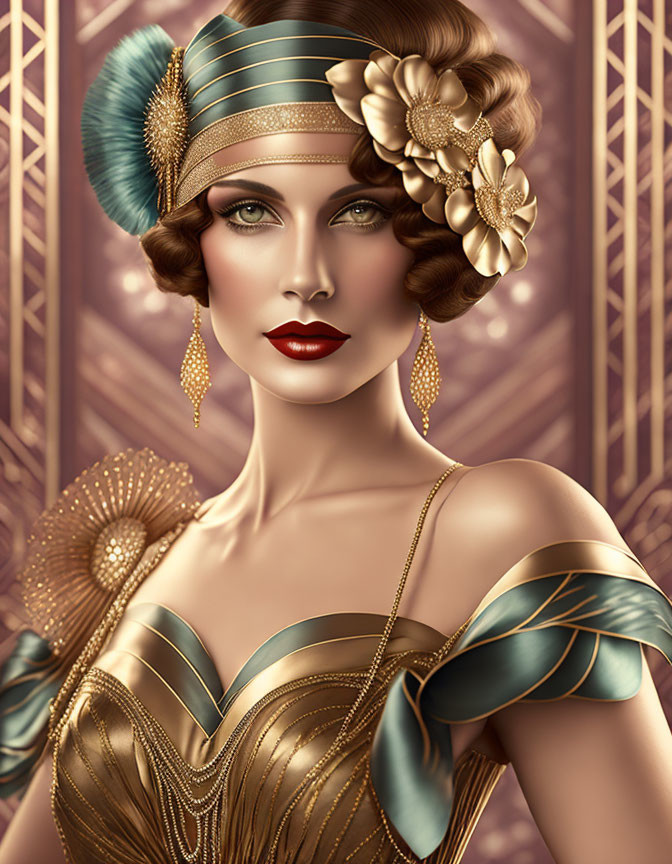 1920s Style Woman Illustration with Art Deco Background