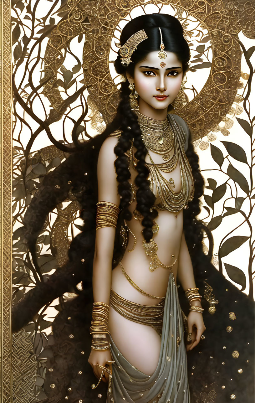 Traditional Indian jewelry and attire illustration with intricate golden patterns