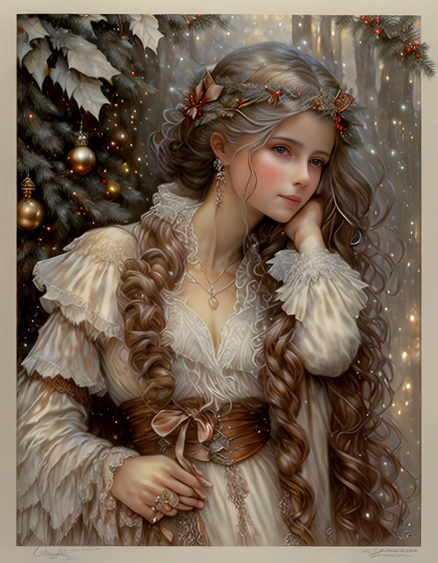 Vintage Cream Gown Woman with Christmas Tree Background