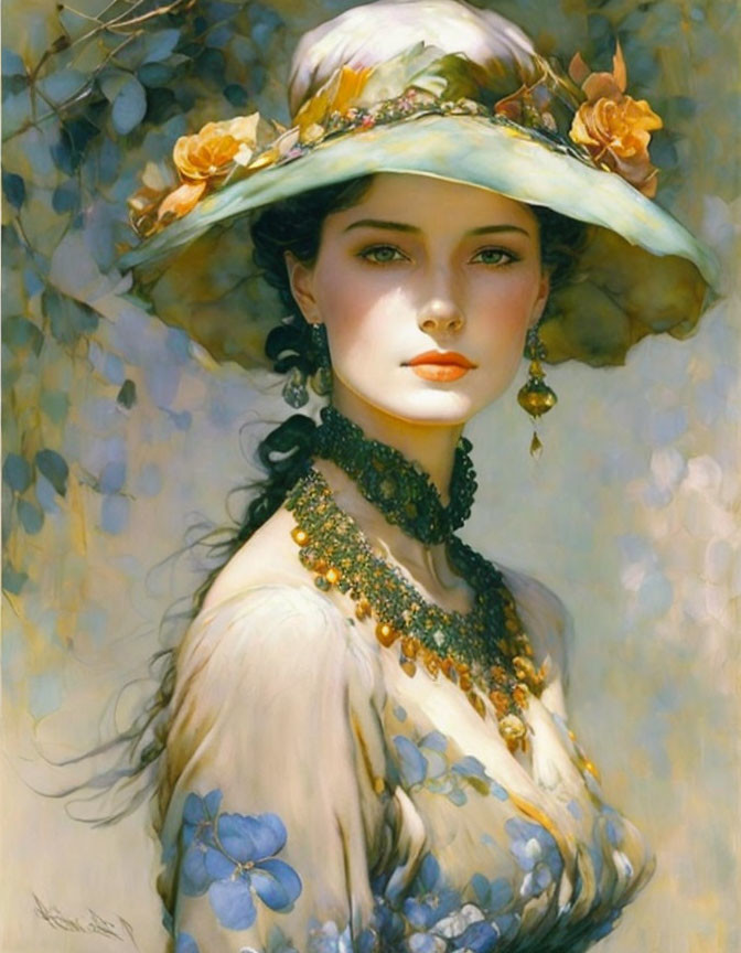 Portrait of Woman with Dark Hair in Wide-Brimmed Hat and Floral Adornments