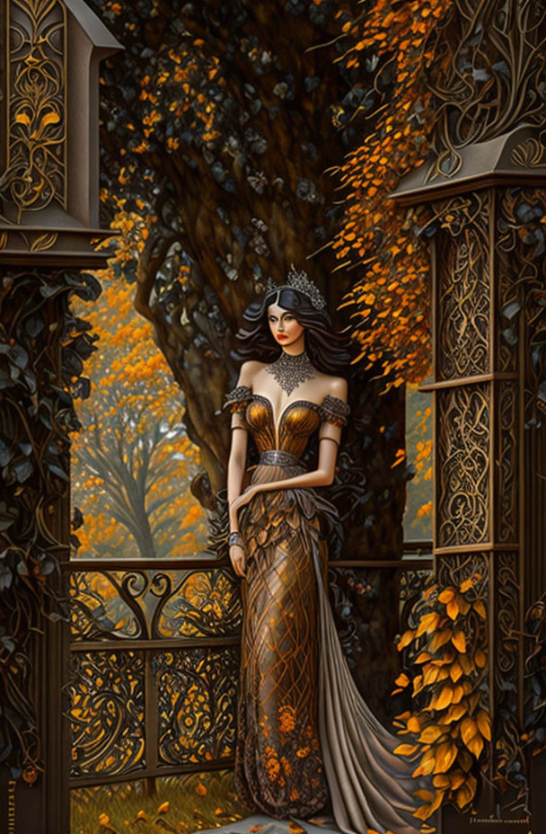 Regal woman in bronze gown and crown at ornate gate surrounded by autumn leaves