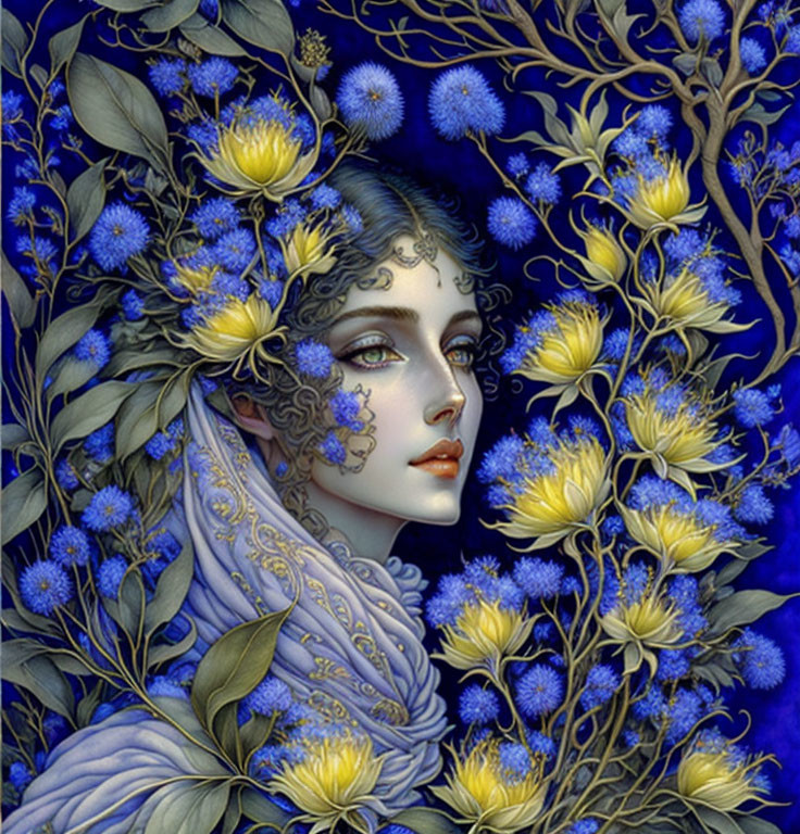 Stylized portrait of woman with pale skin and dark hair adorned with blue and yellow flowers on deep