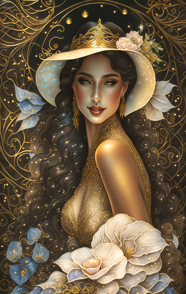 Detailed illustration of woman in ornate golden attire with floral decorations, wide-brimmed hat, and