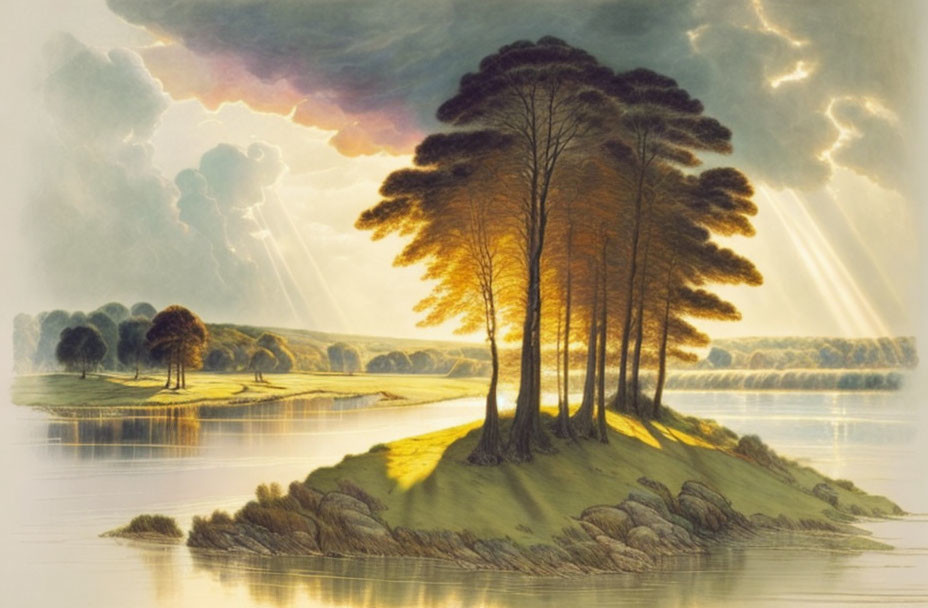 Tranquil landscape painting: Trees on island, sunbeams over lake