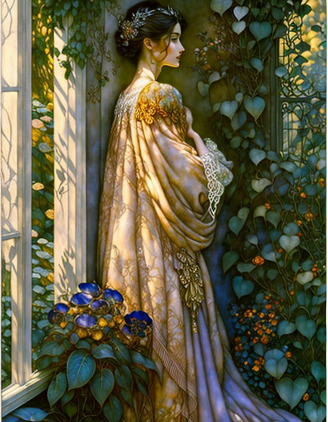 Portrait of Woman in Golden Gown by Window with Vines and Flowers