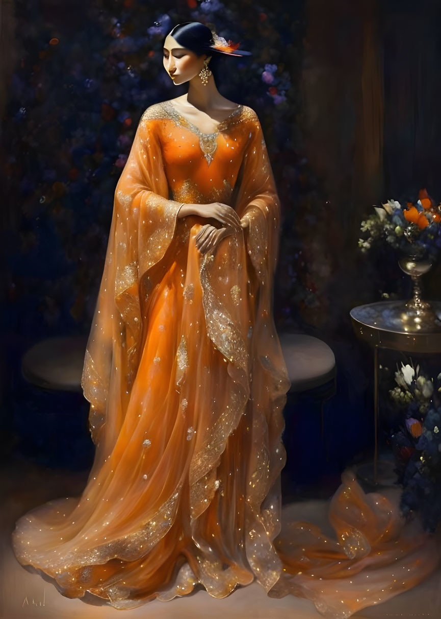 Elegant woman in orange gown with gold details and bird on shoulder against dark floral backdrop