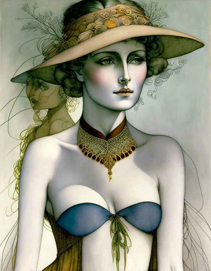 Stylized drawing of woman in ornate hat and choker on pale background