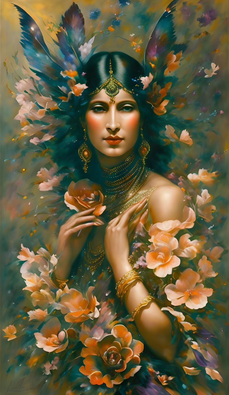 Ethereal woman with golden jewelry, orange flowers, and blue butterflies