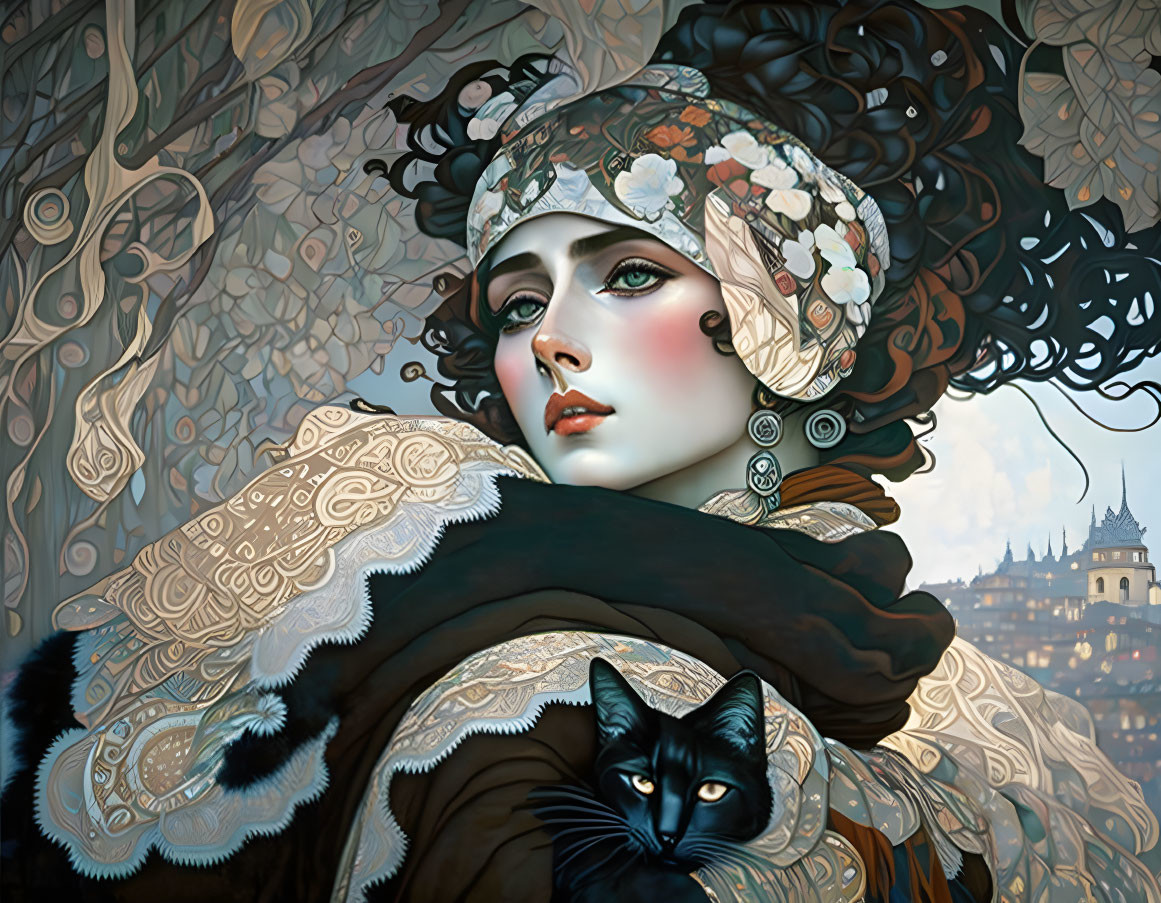 Detailed artwork of woman with pale skin, green eyes, headscarf, cloak, black cat,