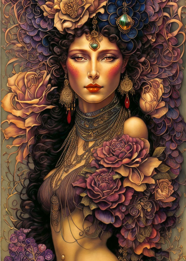 Detailed illustration of woman adorned with intricate jewelry among lush purple and pink roses