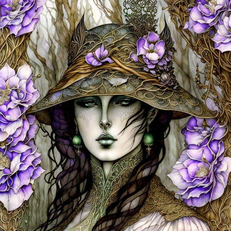 Stylized illustration of a woman with pale skin in elaborate floral hat