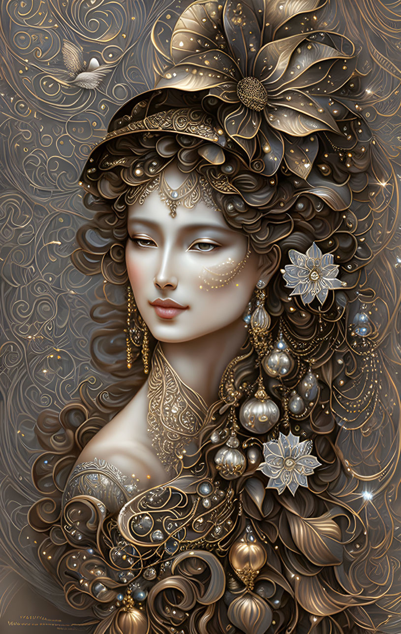 Detailed monochromatic illustration of woman with gold jewelry & floral patterns