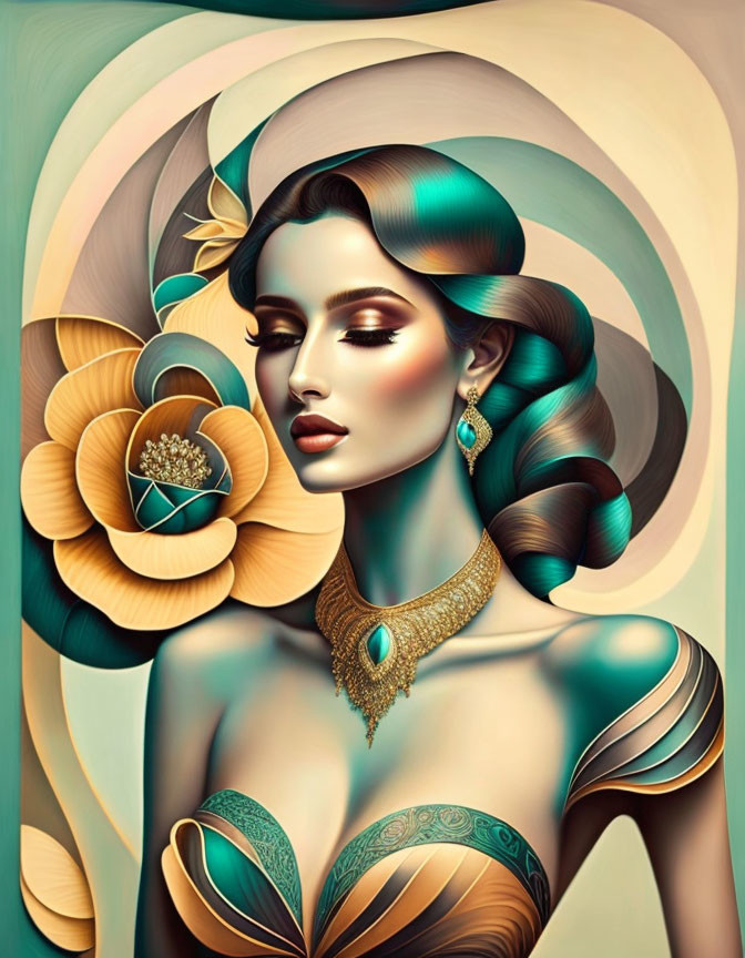 Exaggerated flowing hair and floral elements in muted teal, gold, and browns portrait