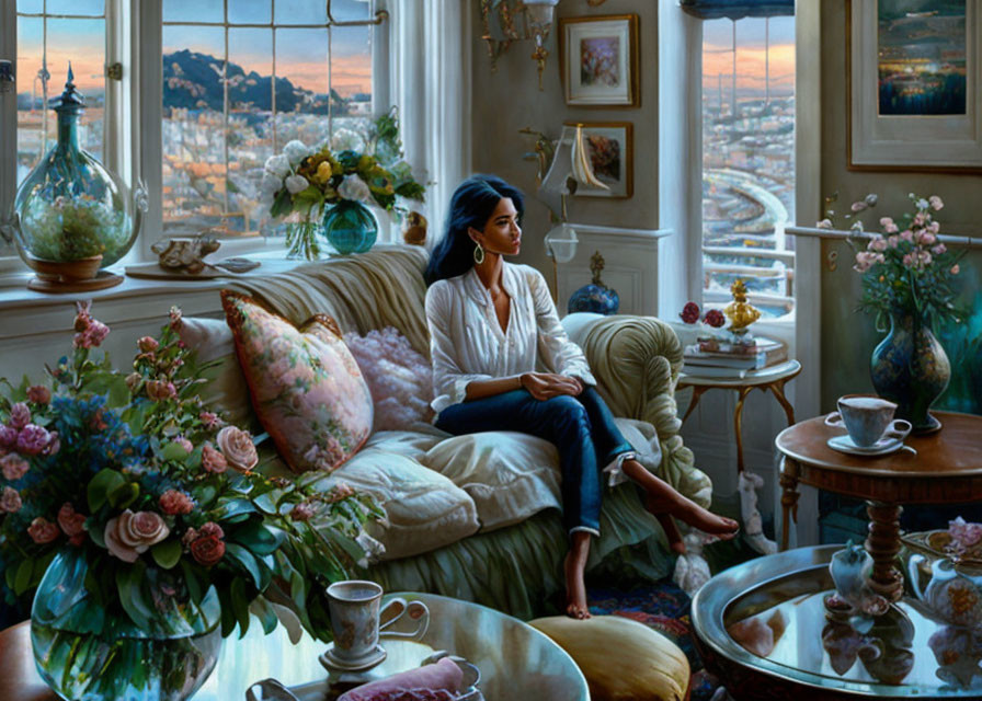 Woman sitting on plush sofa with city view at sunset and lush flowers