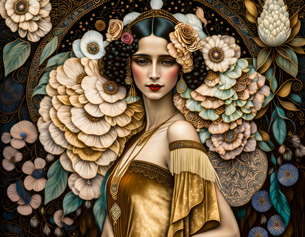 Serene woman in gold attire with floral patterns and feathers