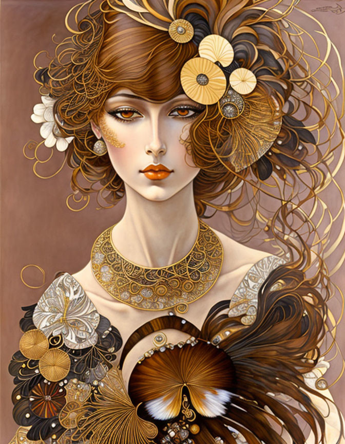 Detailed illustration of woman with flowing brown hair and golden floral adornments.