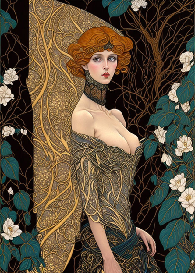 Art Nouveau Style Woman Illustration with Flowing Hair and Gold-Patterned Clothing