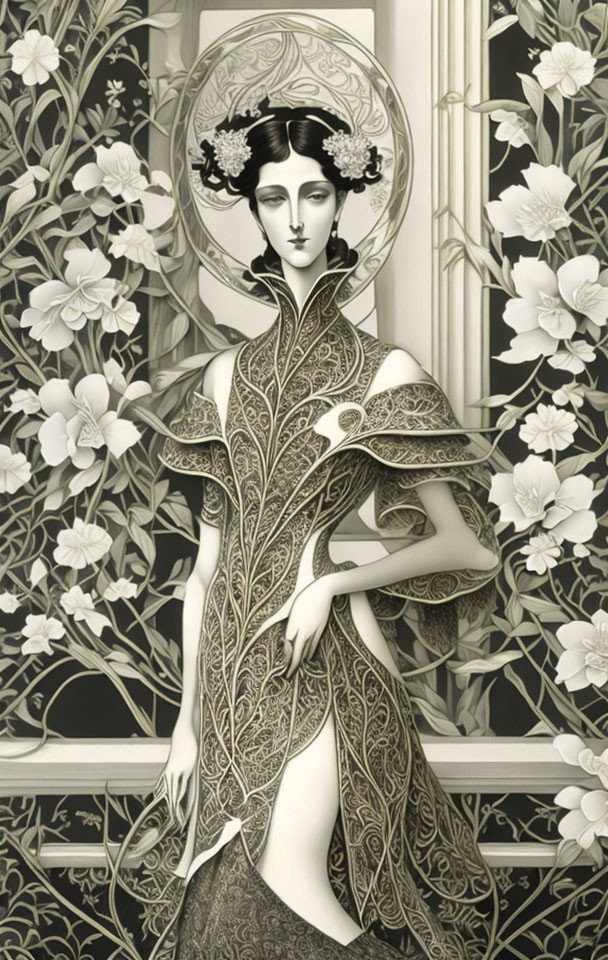 Monochrome illustration of woman with ornate halo and leaf-patterned dress surrounded by intricate foliage