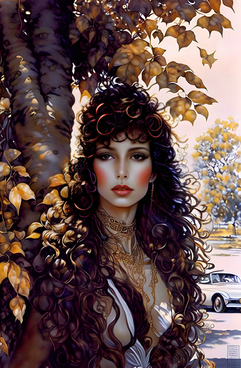 Illustrated woman with curly hair in autumn setting with vintage car