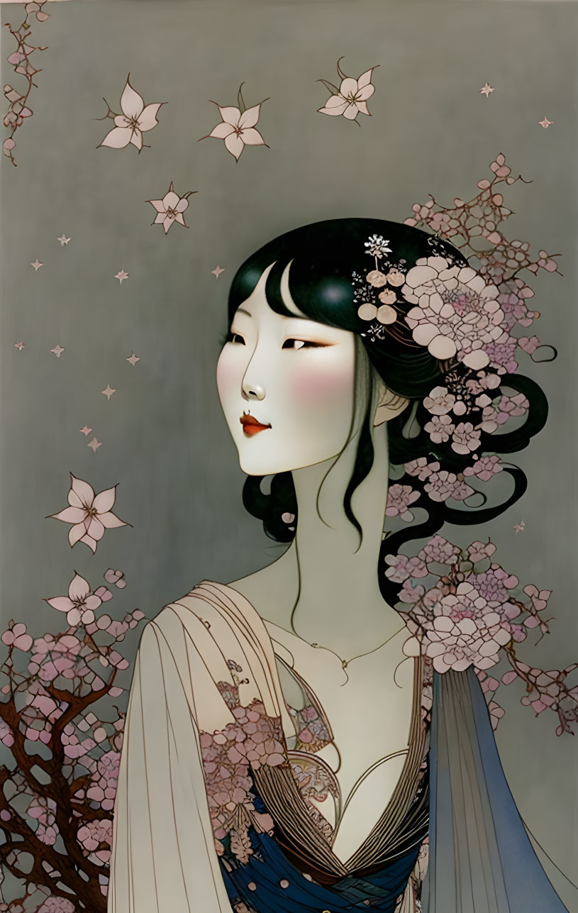 Illustration of woman with pale skin and dark hair in floral attire with cherry blossom backdrop