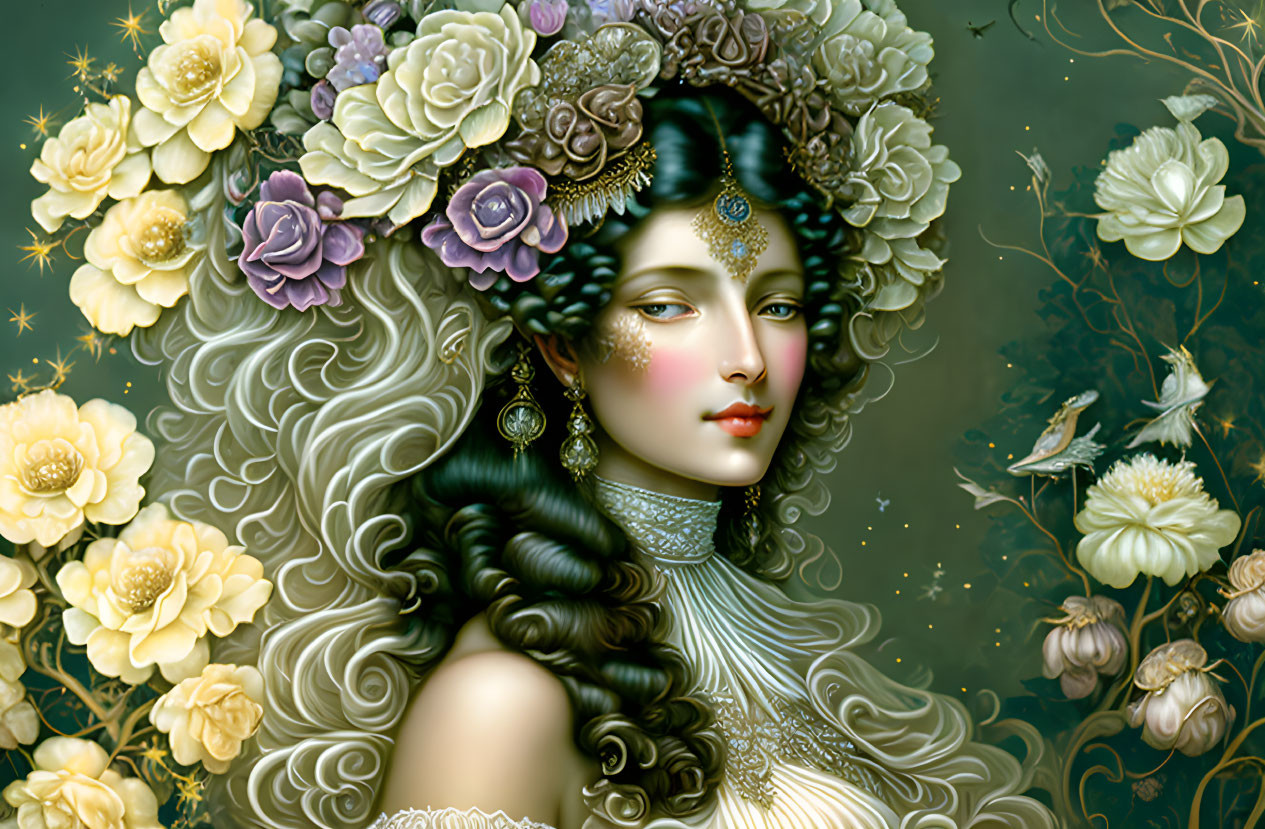 Woman with Floral Headpiece and Jewelry in Starry Background with Blooming Roses