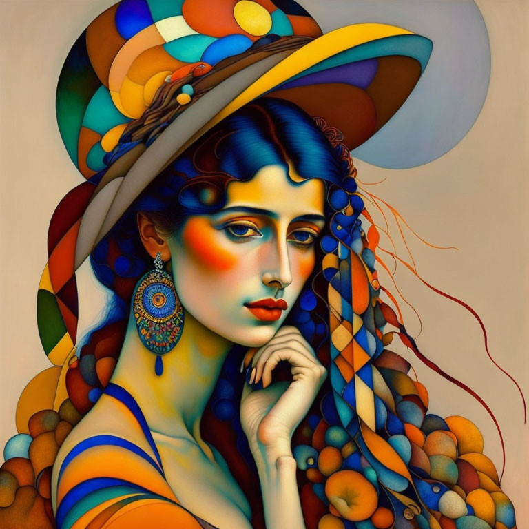 Colorful Painting: Woman with Blue Hair and Ornate Hat on Geometric Background