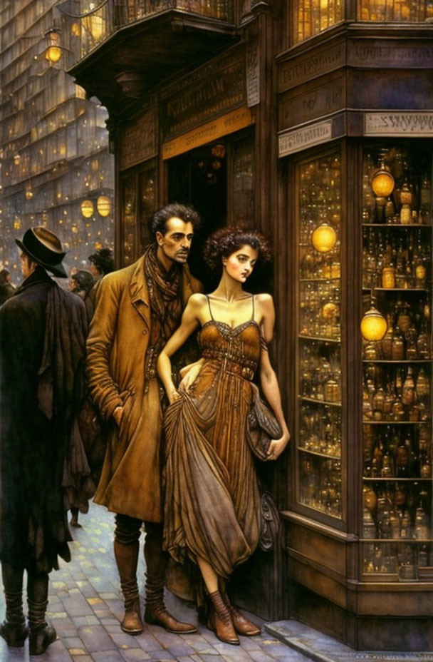 Man in trench coat with woman in elegant dress on golden-lit busy street