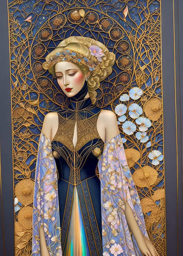 Art Nouveau Style Woman with Ornate Headdress and Flowing Gown