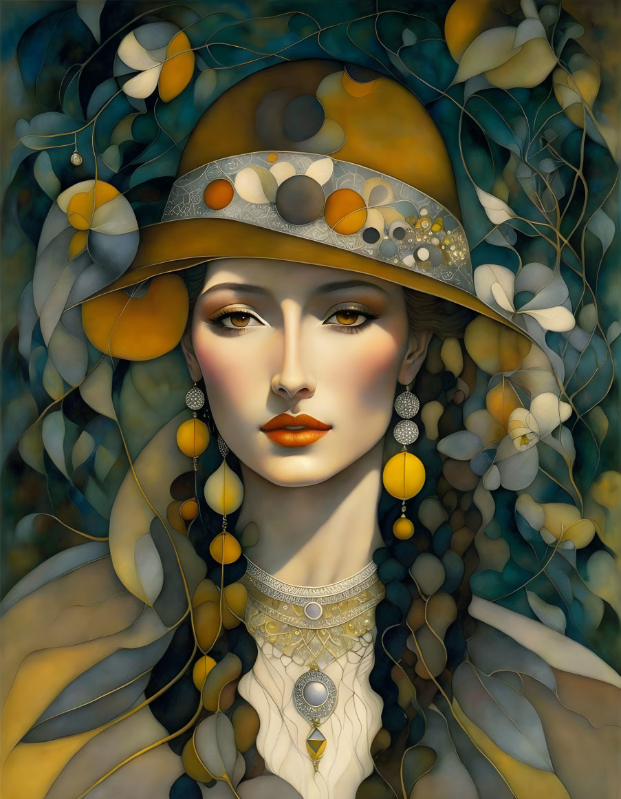 Illustrated Woman with Ornate Hat and Floral Patterns