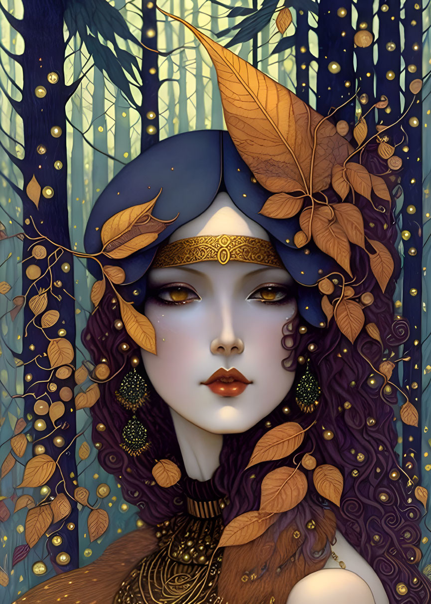 Purple-haired woman with golden headpiece in golden leaf setting against blue trees