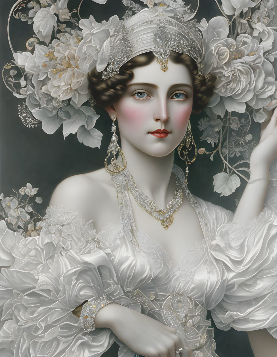 Detailed portrait of woman with tiara, white flowers, ruffled dress, and jewelry.