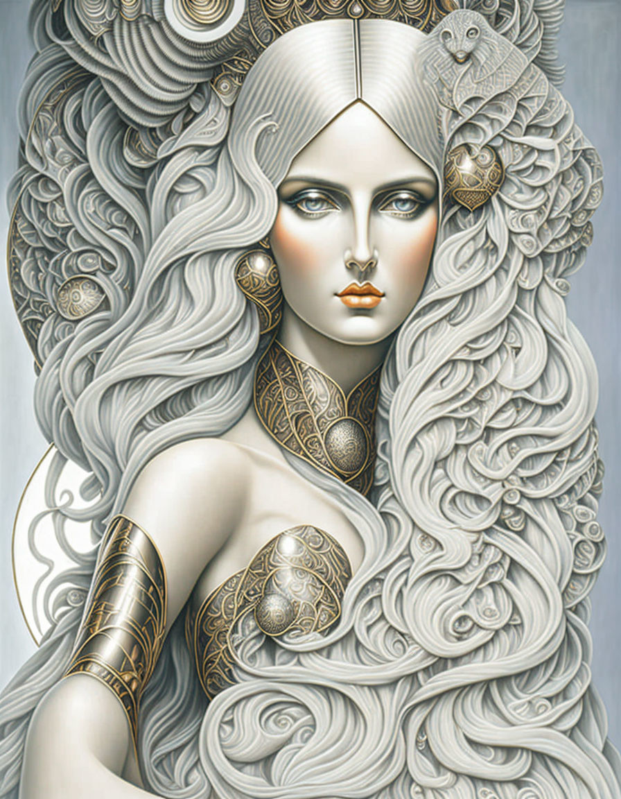 Pale female figure with white hair and gold jewelry featuring peacock feather motifs.