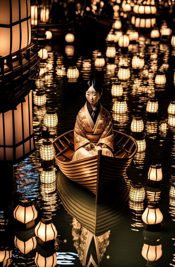 Traditional attire person on boat with golden lanterns reflecting